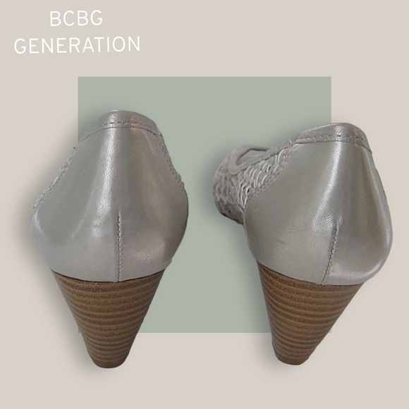 BCBGenervation Tylar Silver Woven Open Toe Wedge Heel - Size 6.5 - Picture 13 of 16
